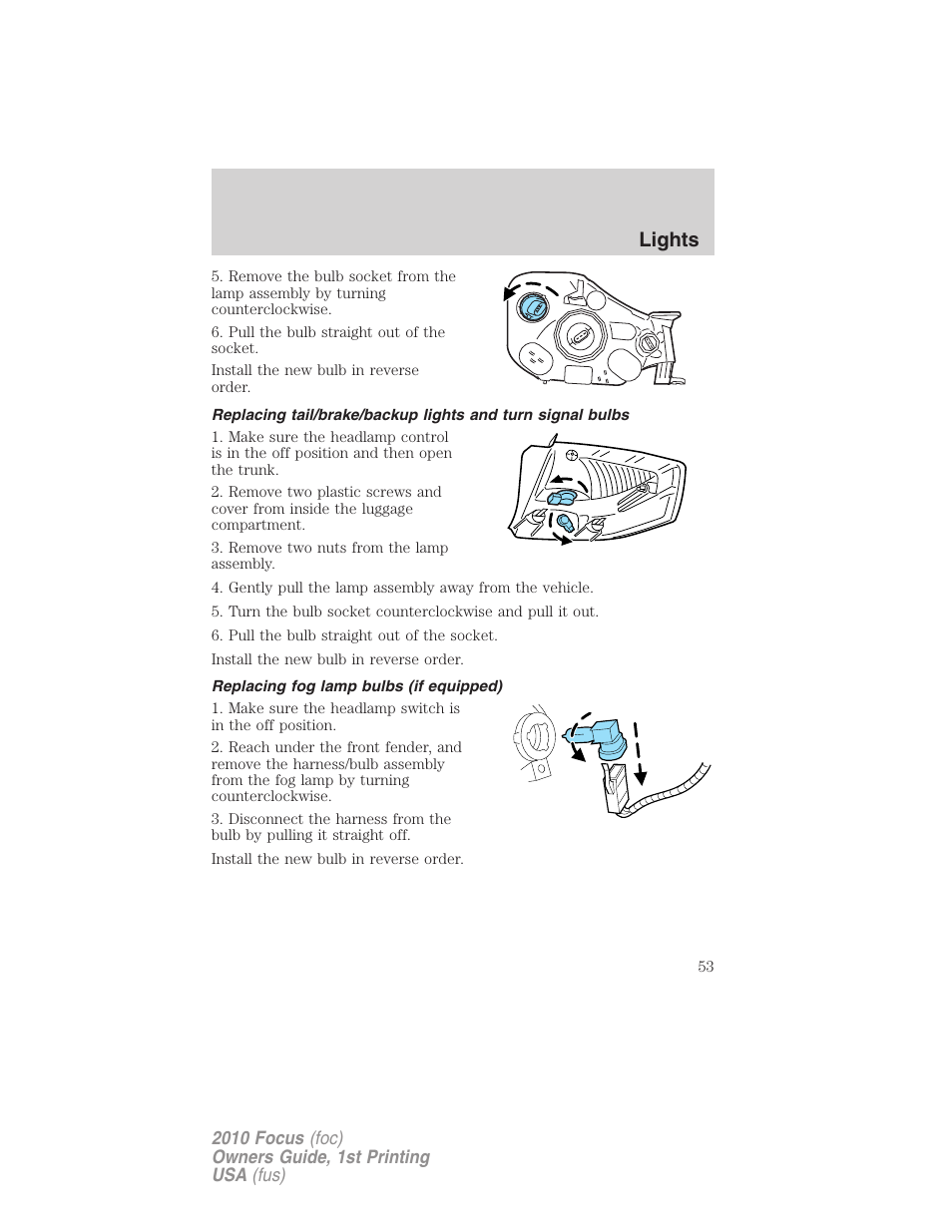 Replacing fog lamp bulbs (if equipped), Lights | FORD 2010 Focus v.1 User Manual | Page 53 / 275