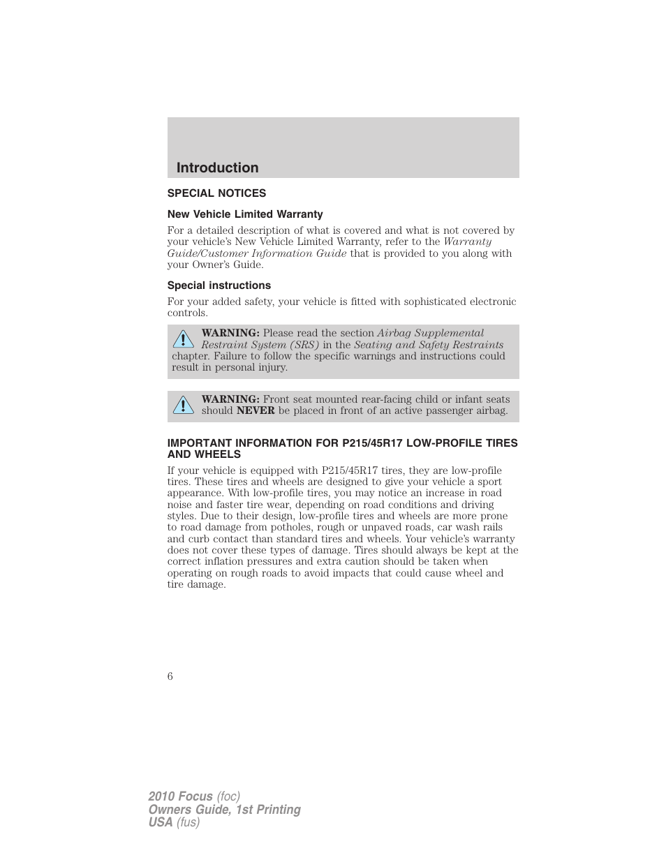 Special notices, New vehicle limited warranty, Special instructions | Introduction | FORD 2010 Focus v.1 User Manual | Page 6 / 275