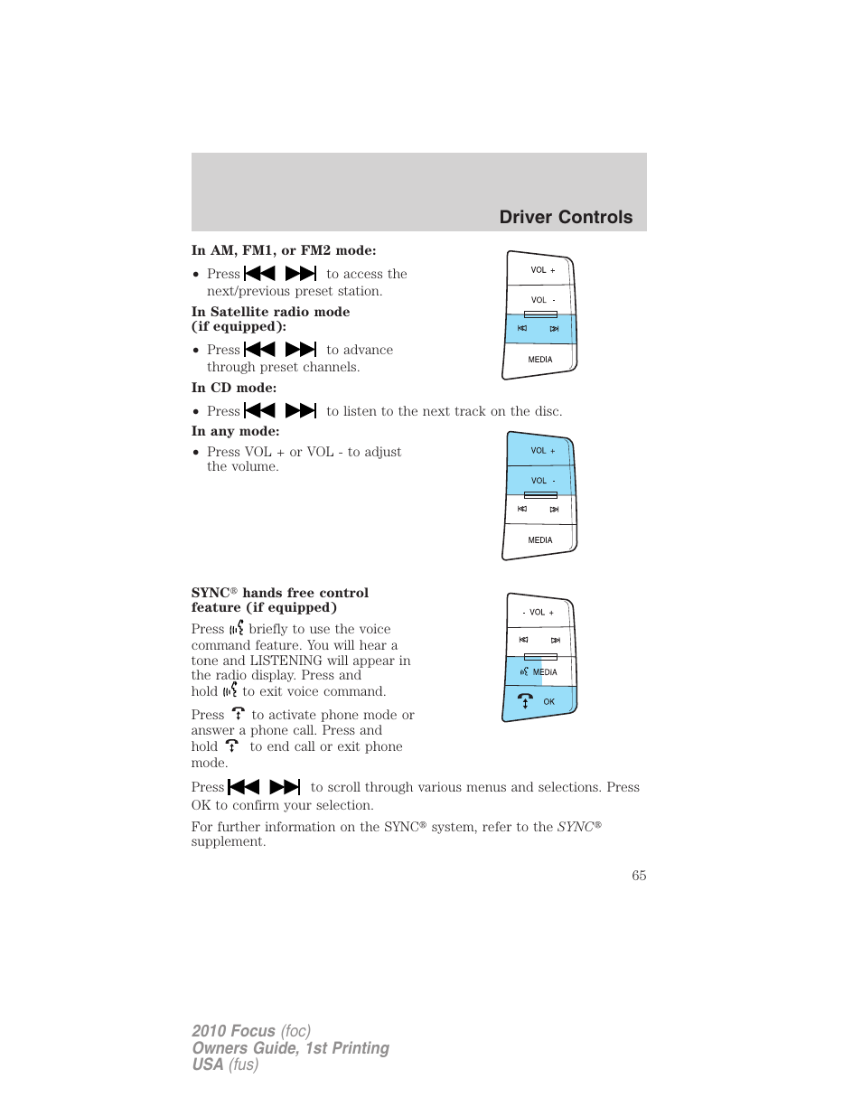 Driver controls | FORD 2010 Focus v.1 User Manual | Page 65 / 275