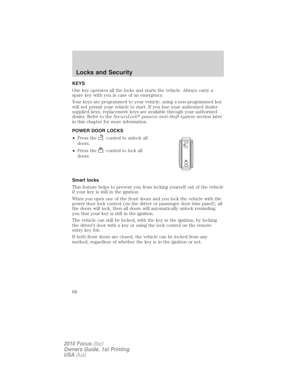 Locks and security, Keys, Power door locks | Smart locks, Locks | FORD 2010 Focus v.1 User Manual | Page 68 / 275