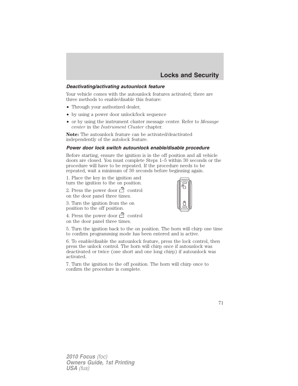 Deactivating/activating autounlock feature, Locks and security | FORD 2010 Focus v.1 User Manual | Page 71 / 275