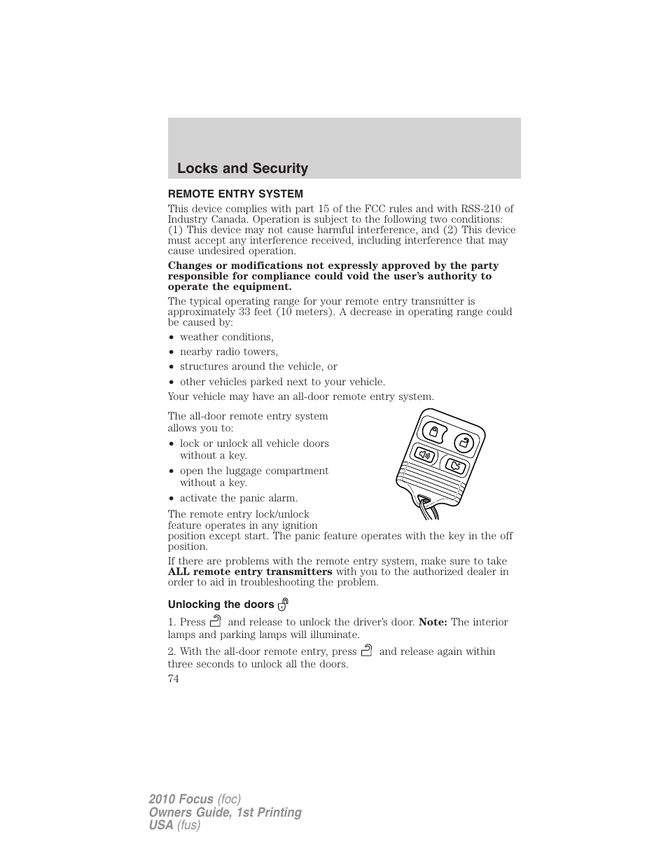 Remote entry system, Unlocking the doors, Locks and security | FORD 2010 Focus v.1 User Manual | Page 74 / 275