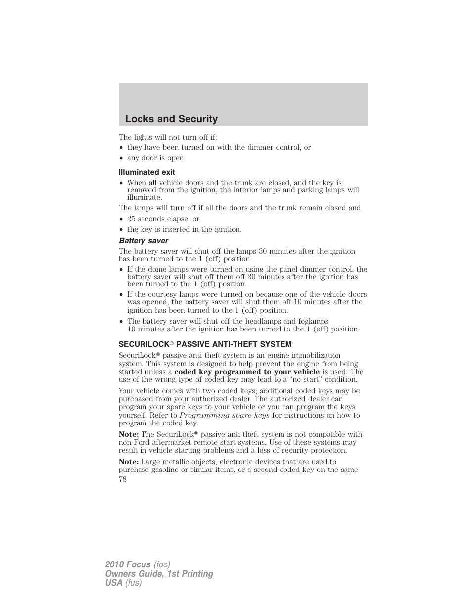 Illuminated exit, Battery saver, Securilock passive anti-theft system | Anti-theft system, Locks and security | FORD 2010 Focus v.1 User Manual | Page 78 / 275