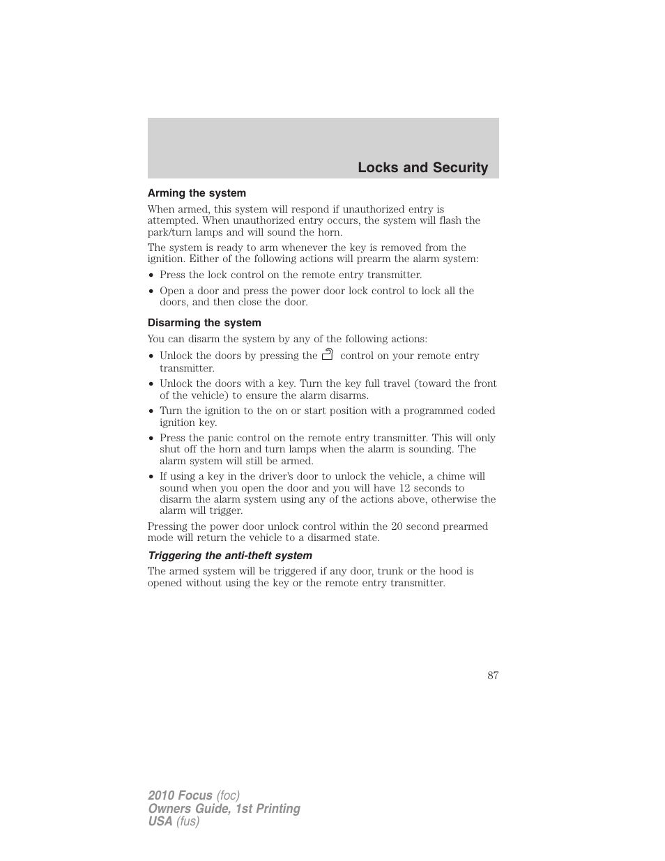 Arming the system, Disarming the system, Triggering the anti-theft system | Locks and security | FORD 2010 Focus v.1 User Manual | Page 87 / 275