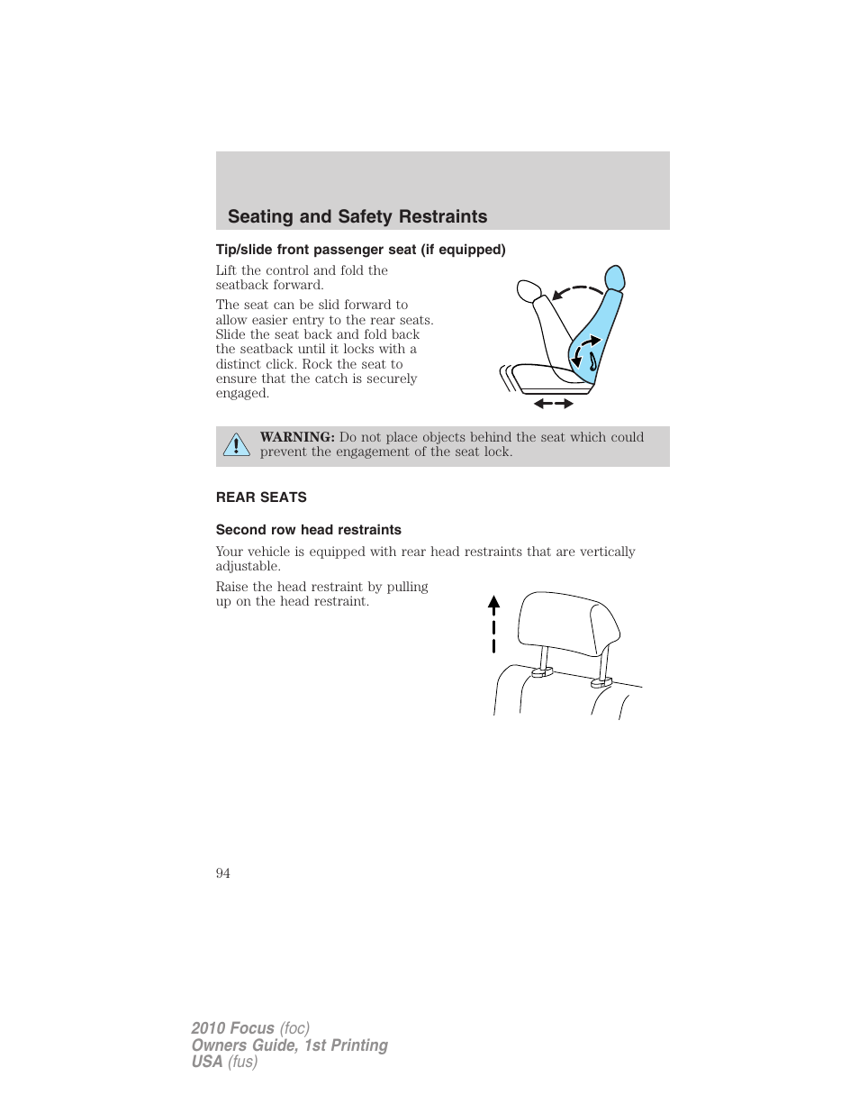 Tip/slide front passenger seat (if equipped), Rear seats, Second row head restraints | Seating and safety restraints | FORD 2010 Focus v.1 User Manual | Page 94 / 275