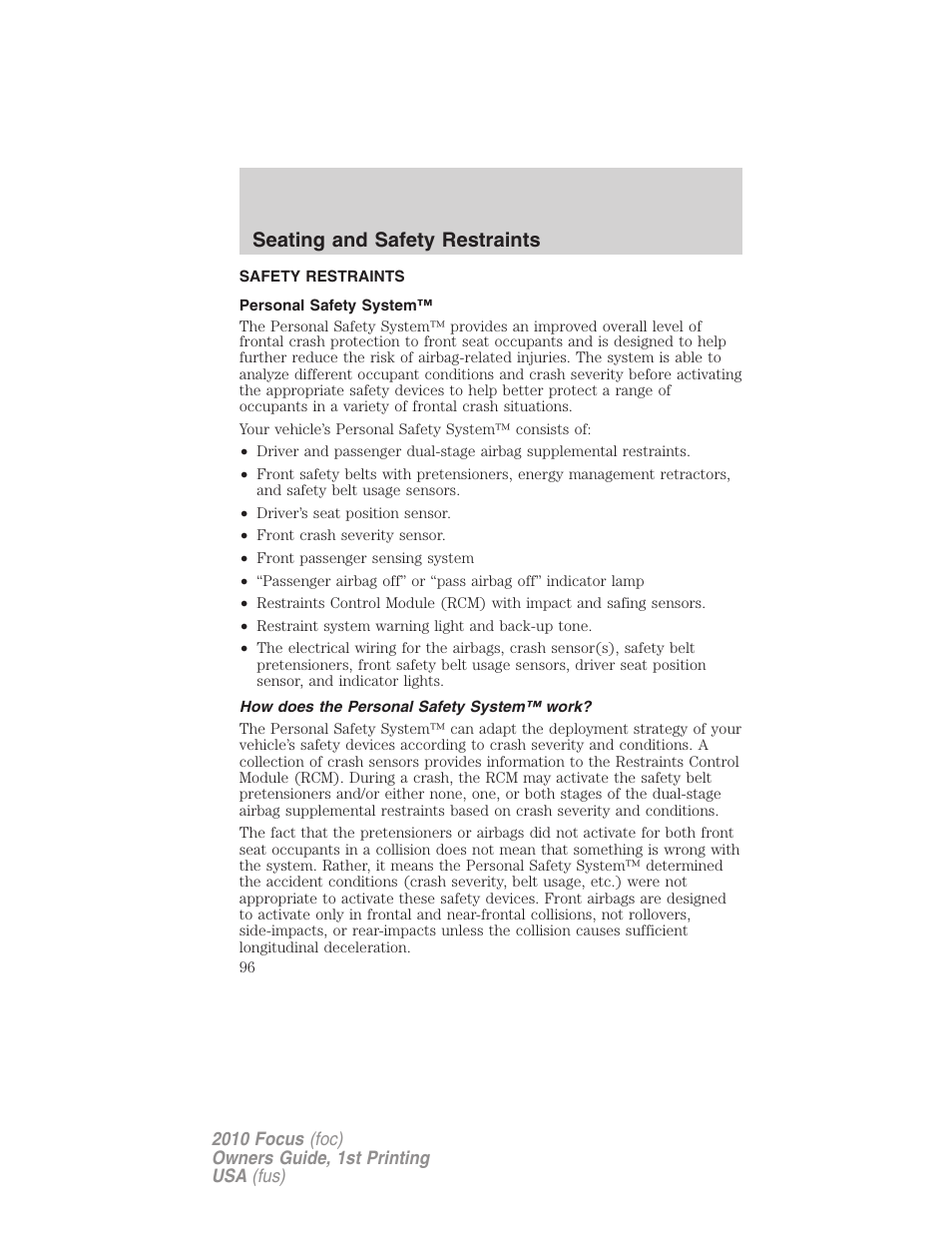 Safety restraints, Personal safety system, How does the personal safety system™ work | Seating and safety restraints | FORD 2010 Focus v.1 User Manual | Page 96 / 275