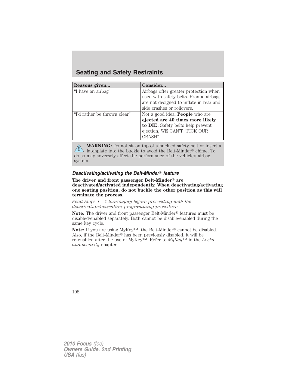 Deactivating/activating the belt-minder feature, Seating and safety restraints | FORD 2010 Focus v.2 User Manual | Page 108 / 277