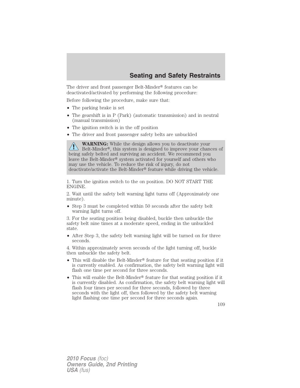 Seating and safety restraints | FORD 2010 Focus v.2 User Manual | Page 109 / 277