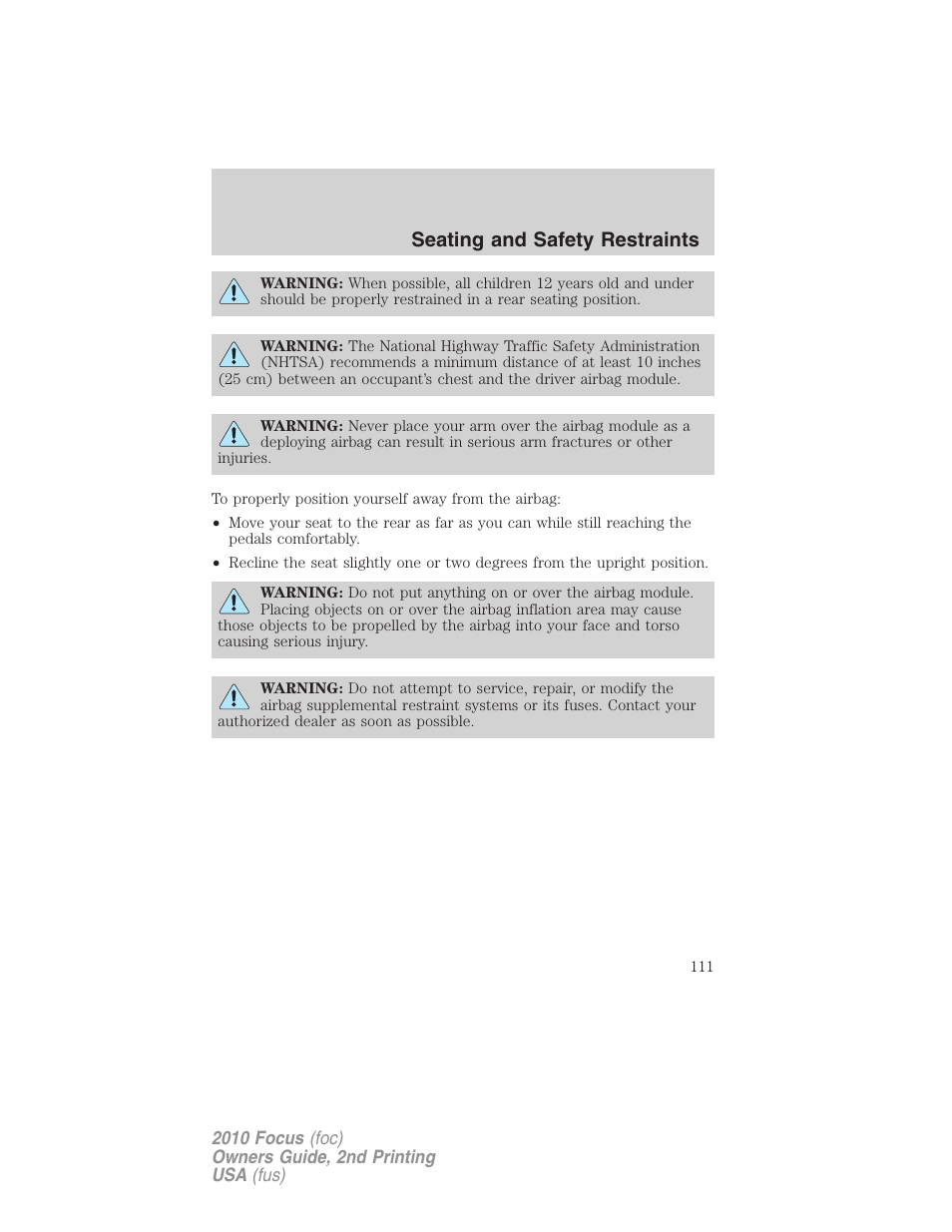 Seating and safety restraints | FORD 2010 Focus v.2 User Manual | Page 111 / 277