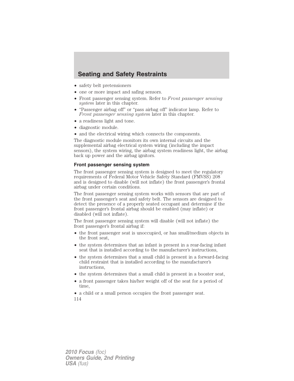 Front passenger sensing system, Seating and safety restraints | FORD 2010 Focus v.2 User Manual | Page 114 / 277