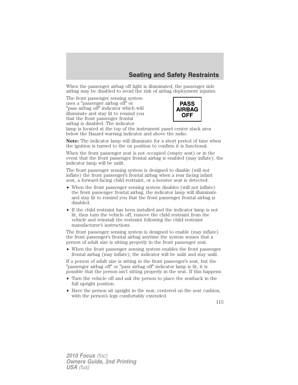 Seating and safety restraints | FORD 2010 Focus v.2 User Manual | Page 115 / 277