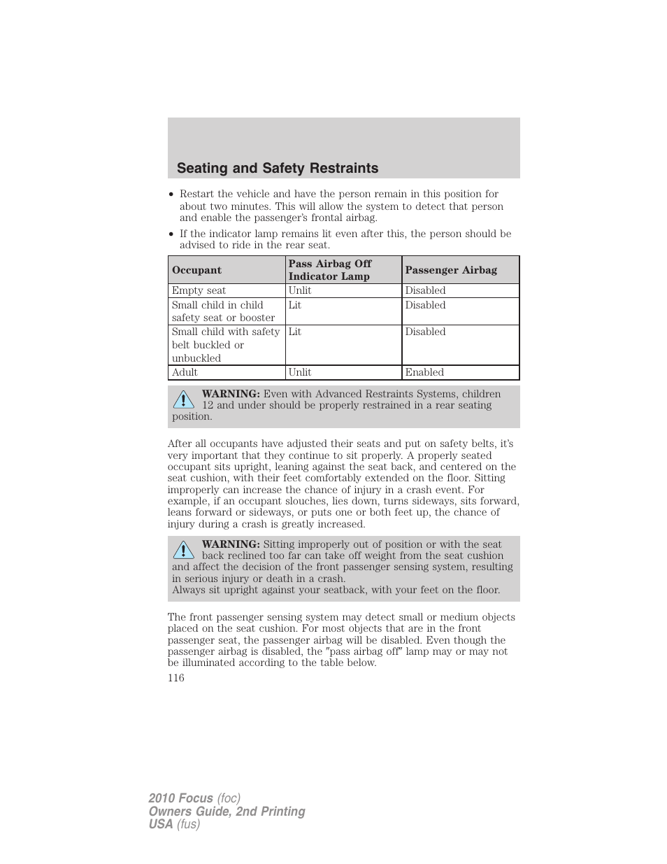 Seating and safety restraints | FORD 2010 Focus v.2 User Manual | Page 116 / 277