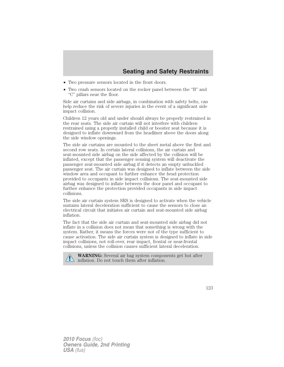 Seating and safety restraints | FORD 2010 Focus v.2 User Manual | Page 123 / 277