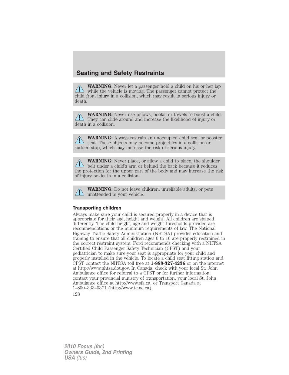 Transporting children, Seating and safety restraints | FORD 2010 Focus v.2 User Manual | Page 128 / 277