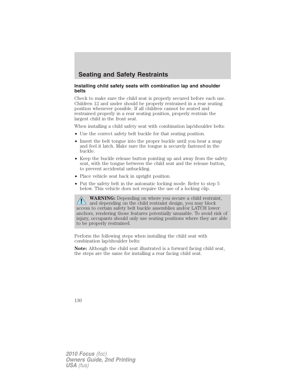 Seating and safety restraints | FORD 2010 Focus v.2 User Manual | Page 130 / 277