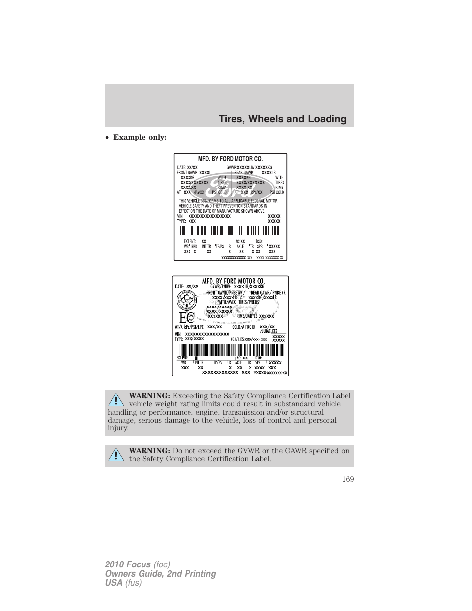 Tires, wheels and loading | FORD 2010 Focus v.2 User Manual | Page 169 / 277