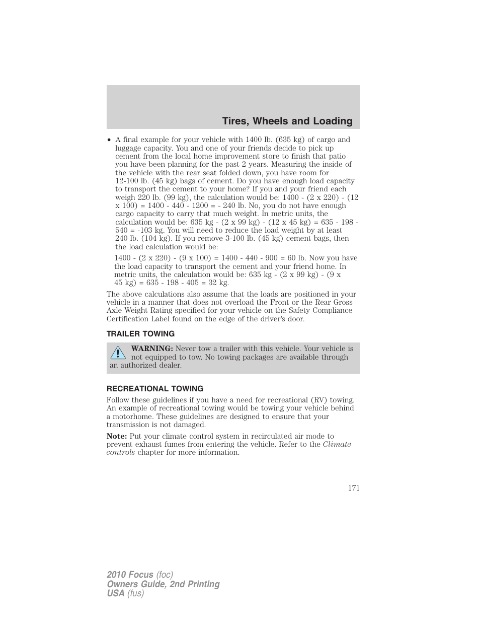 Trailer towing, Recreational towing, Tires, wheels and loading | FORD 2010 Focus v.2 User Manual | Page 171 / 277