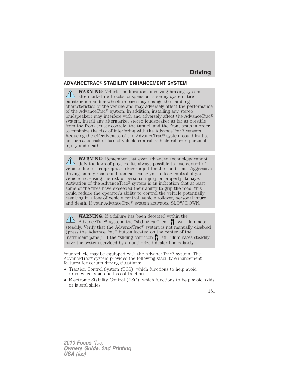 Advancetrac stability enhancement system, Advancetrac, Driving | FORD 2010 Focus v.2 User Manual | Page 181 / 277