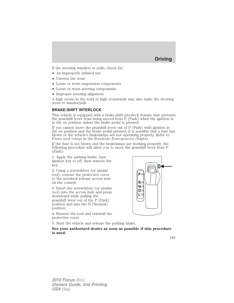 Brake-shift interlock, Driving | FORD 2010 Focus v.2 User Manual | Page 185 / 277