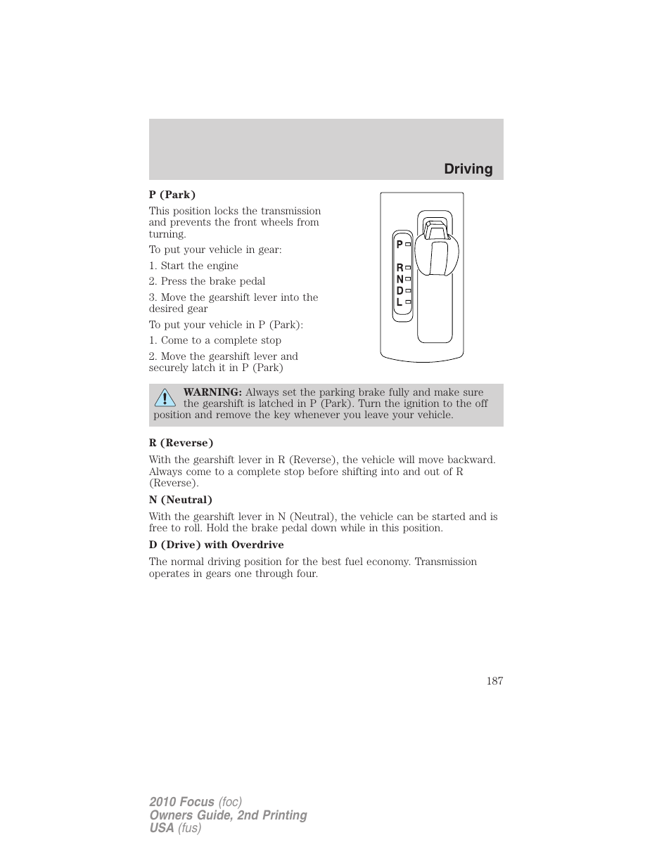 Driving | FORD 2010 Focus v.2 User Manual | Page 187 / 277