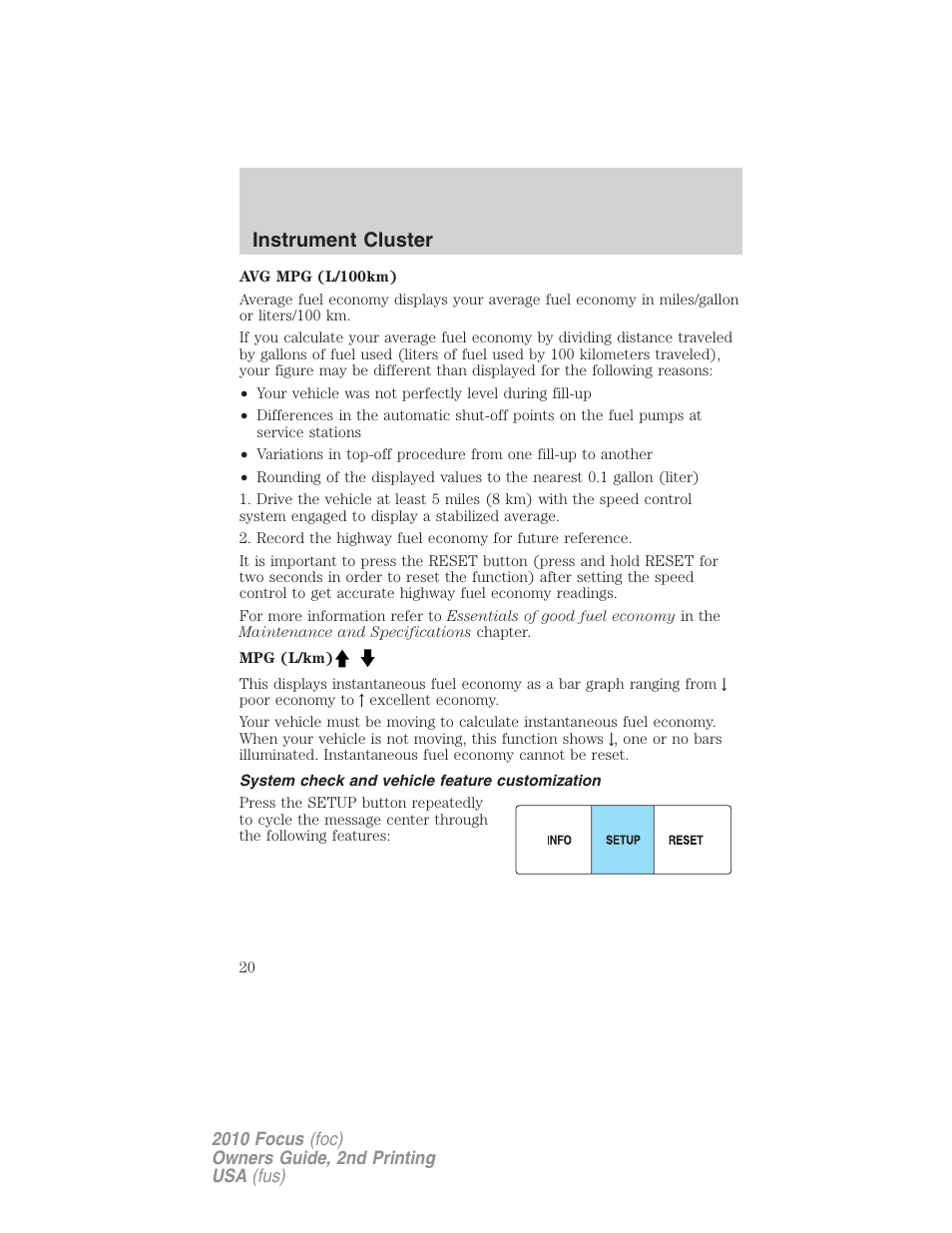 System check and vehicle feature customization, Instrument cluster | FORD 2010 Focus v.2 User Manual | Page 20 / 277