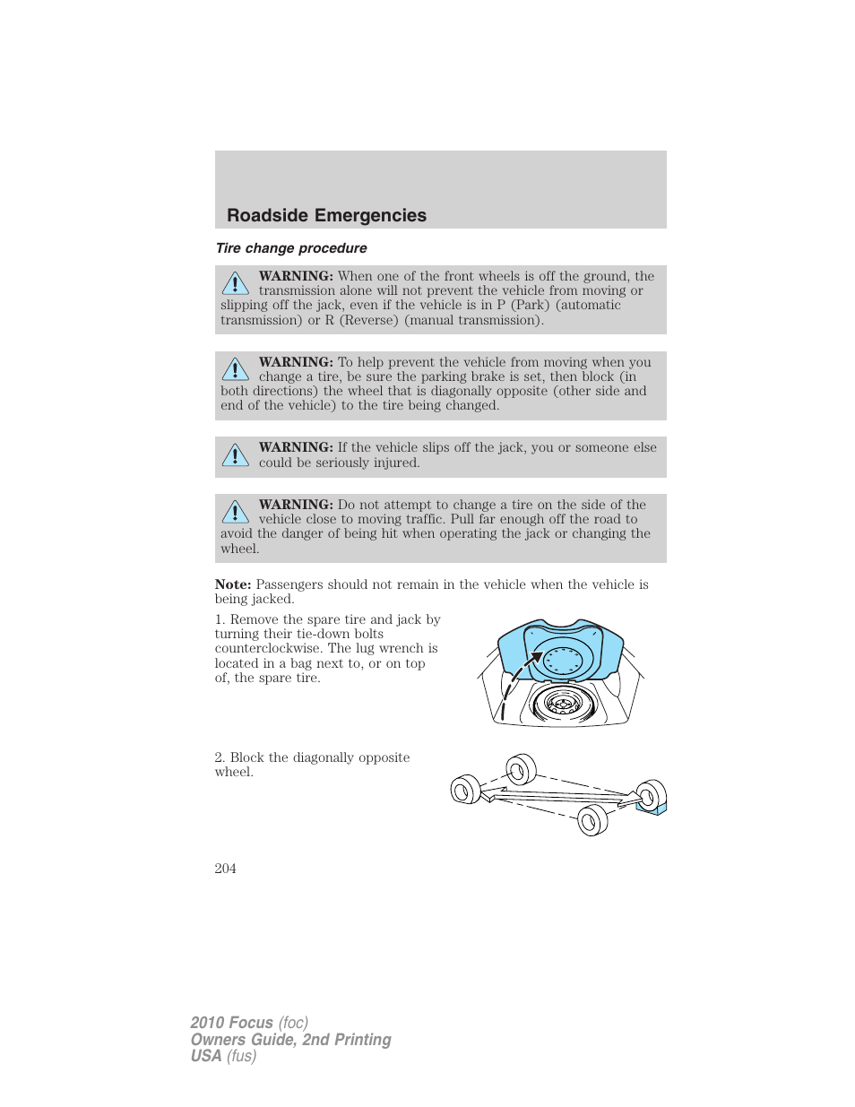 Tire change procedure, Roadside emergencies | FORD 2010 Focus v.2 User Manual | Page 204 / 277