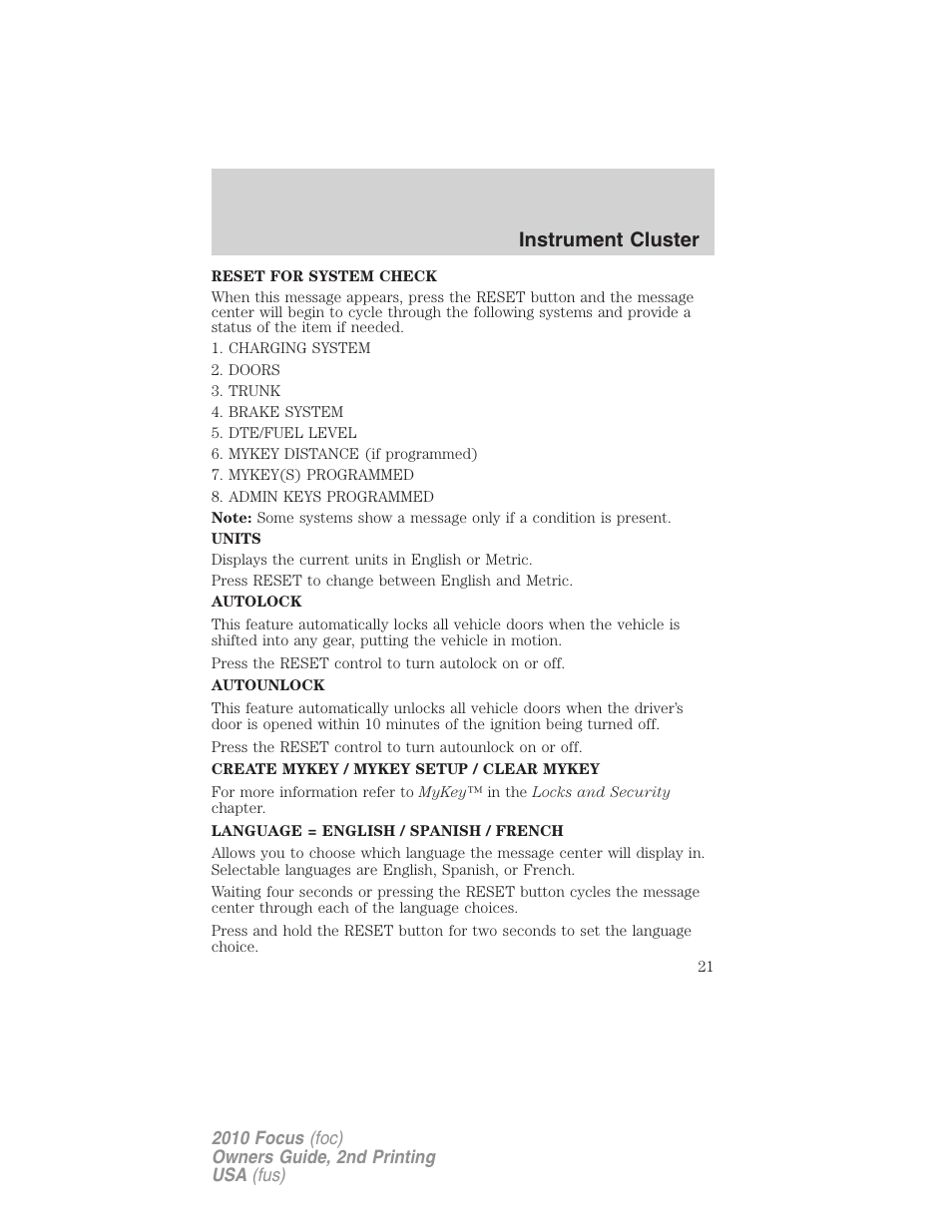 Instrument cluster | FORD 2010 Focus v.2 User Manual | Page 21 / 277