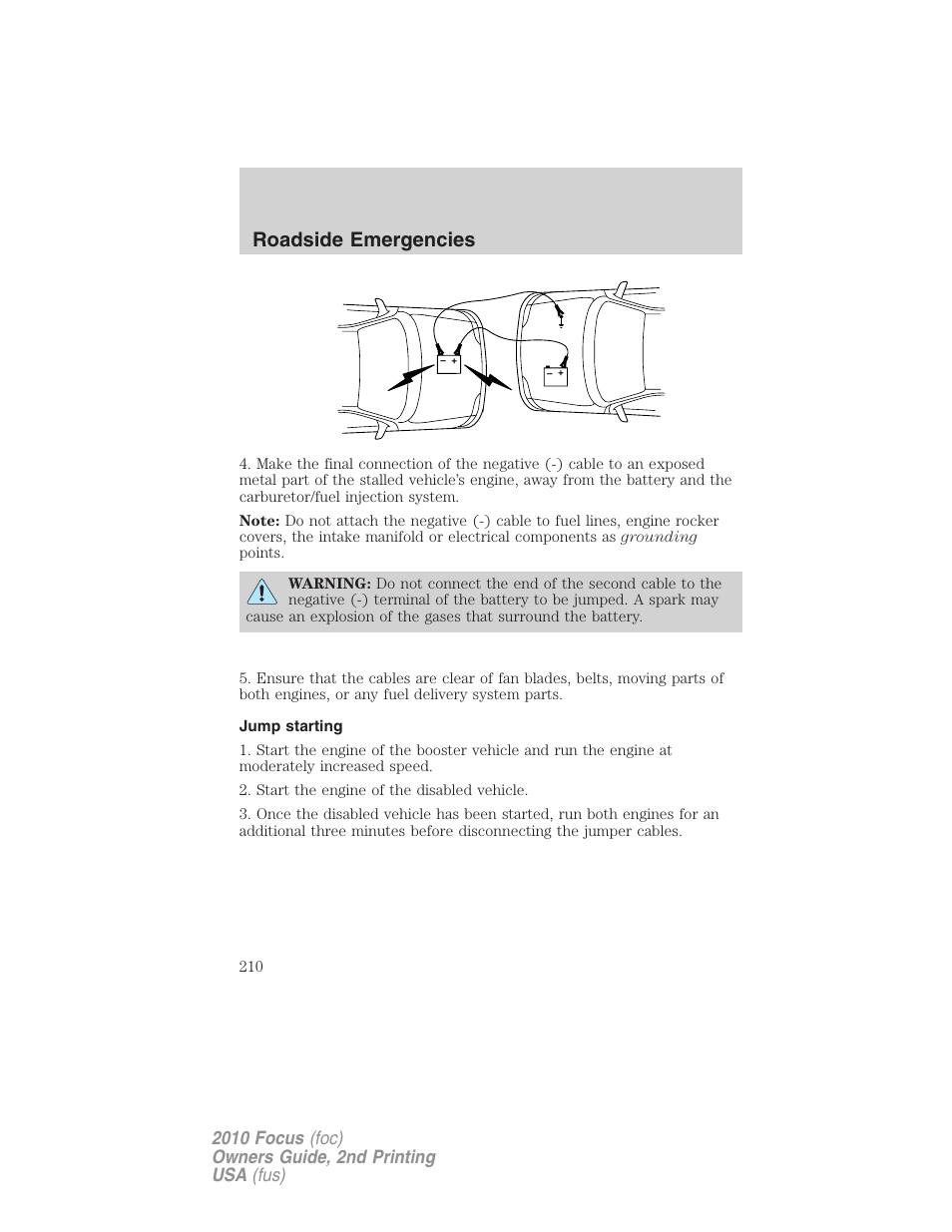 Jump starting, Roadside emergencies | FORD 2010 Focus v.2 User Manual | Page 210 / 277