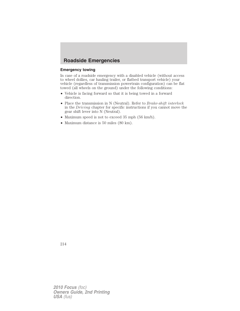 Emergency towing, Roadside emergencies | FORD 2010 Focus v.2 User Manual | Page 214 / 277