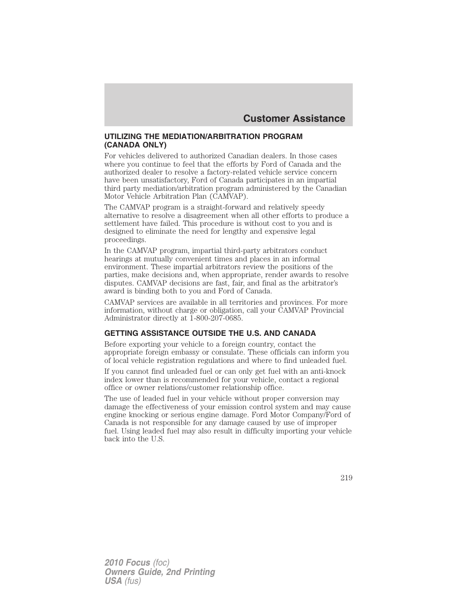 Getting assistance outside the u.s. and canada, Customer assistance | FORD 2010 Focus v.2 User Manual | Page 219 / 277