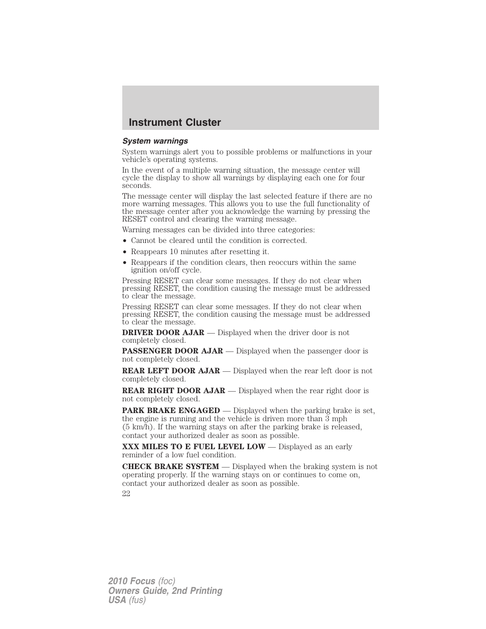 System warnings, Instrument cluster | FORD 2010 Focus v.2 User Manual | Page 22 / 277