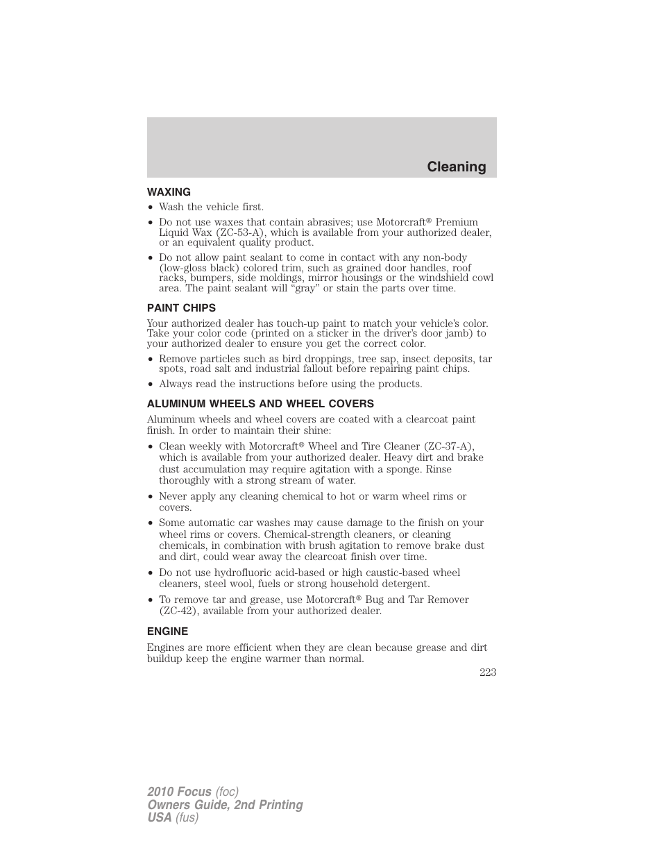 Waxing, Paint chips, Aluminum wheels and wheel covers | Engine, Cleaning | FORD 2010 Focus v.2 User Manual | Page 223 / 277