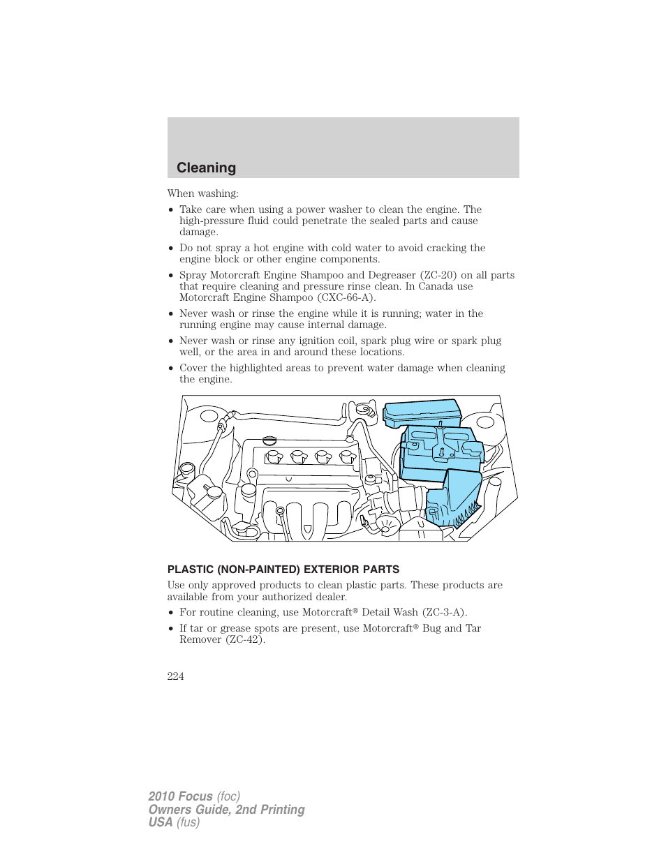 Plastic (non-painted) exterior parts, Cleaning | FORD 2010 Focus v.2 User Manual | Page 224 / 277