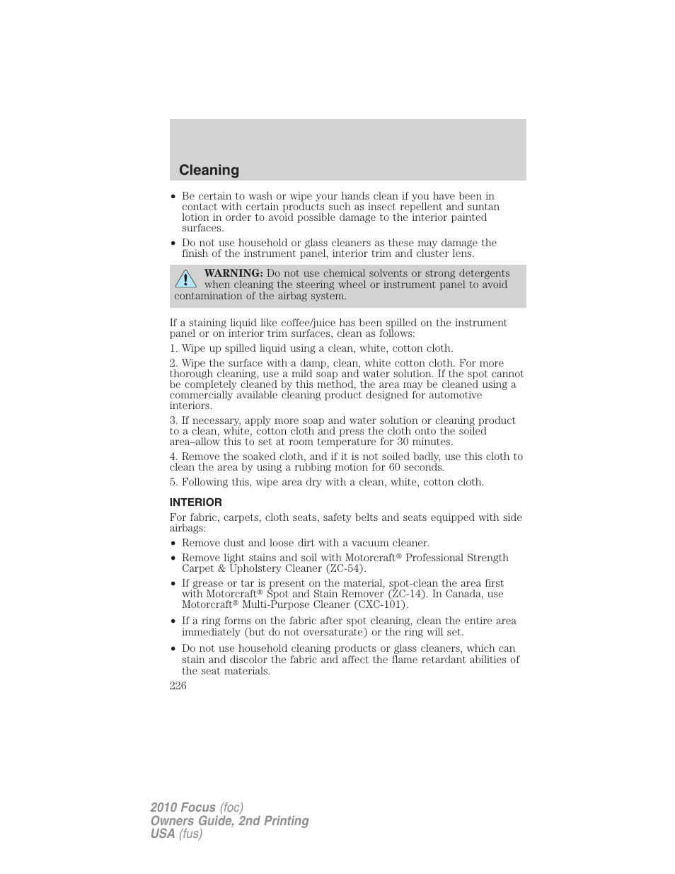 Interior, Cleaning | FORD 2010 Focus v.2 User Manual | Page 226 / 277