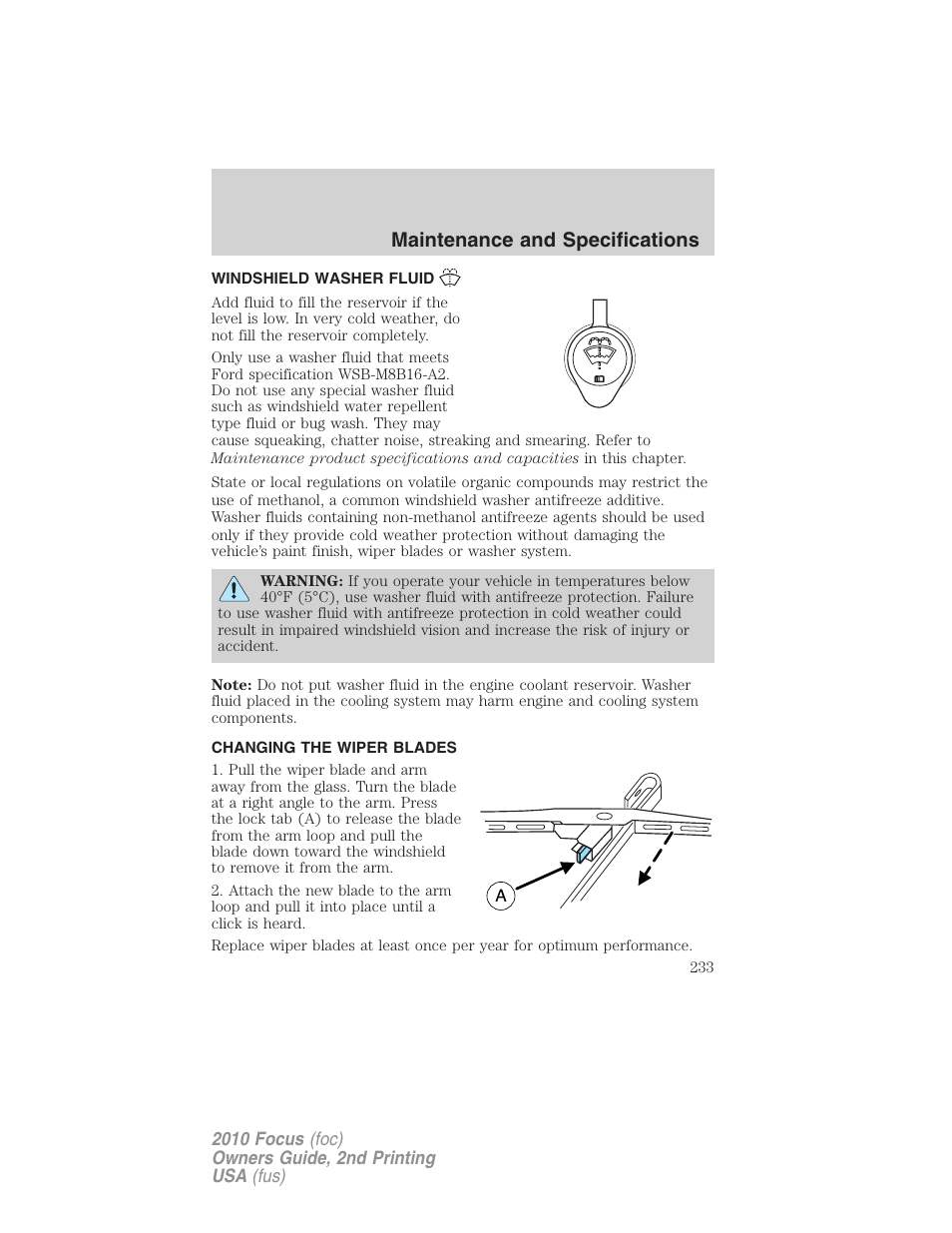 Windshield washer fluid, Changing the wiper blades, Maintenance and specifications | FORD 2010 Focus v.2 User Manual | Page 233 / 277