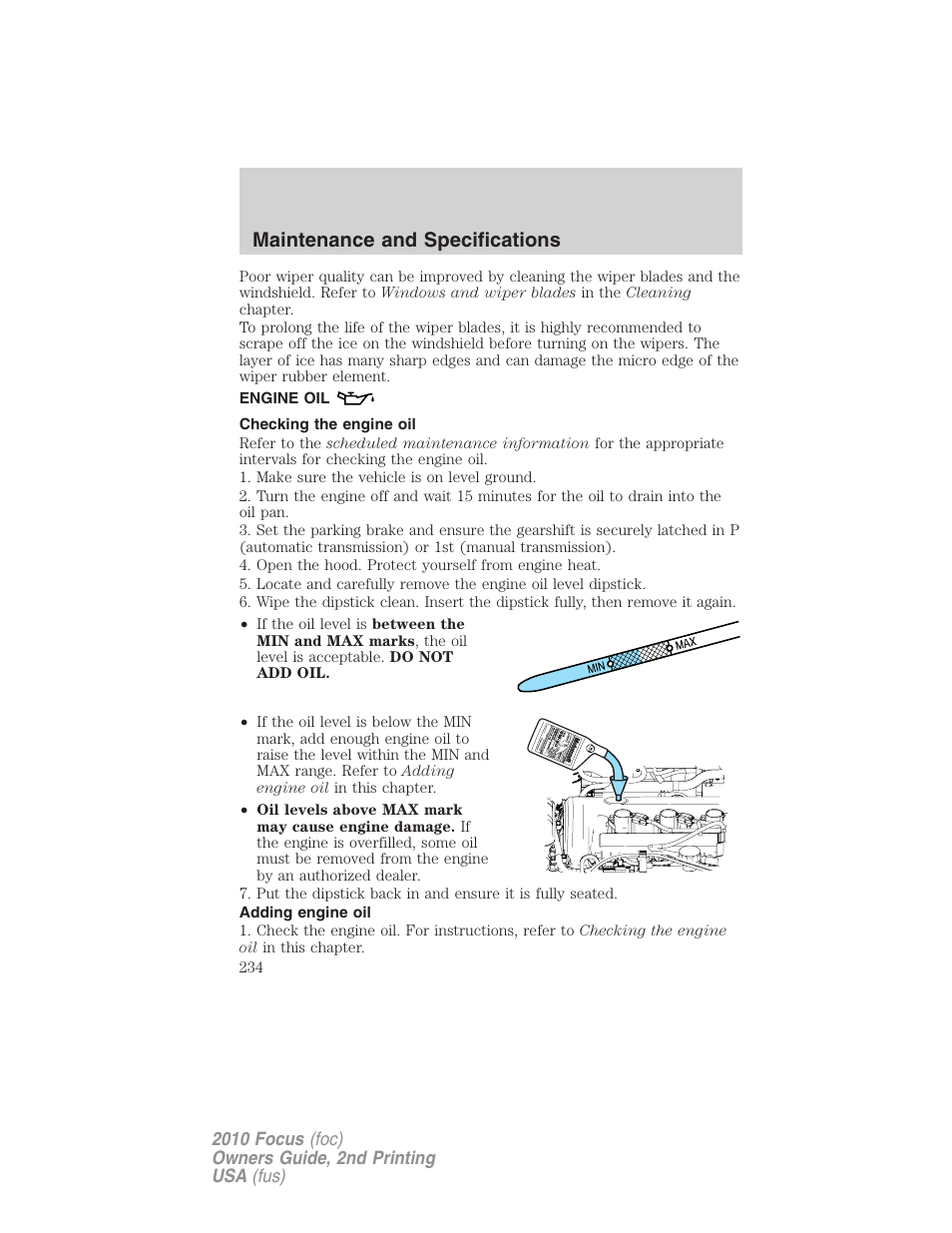 Engine oil, Checking the engine oil, Adding engine oil | Maintenance and specifications | FORD 2010 Focus v.2 User Manual | Page 234 / 277