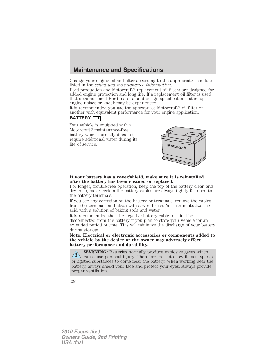 Battery, Maintenance and specifications | FORD 2010 Focus v.2 User Manual | Page 236 / 277