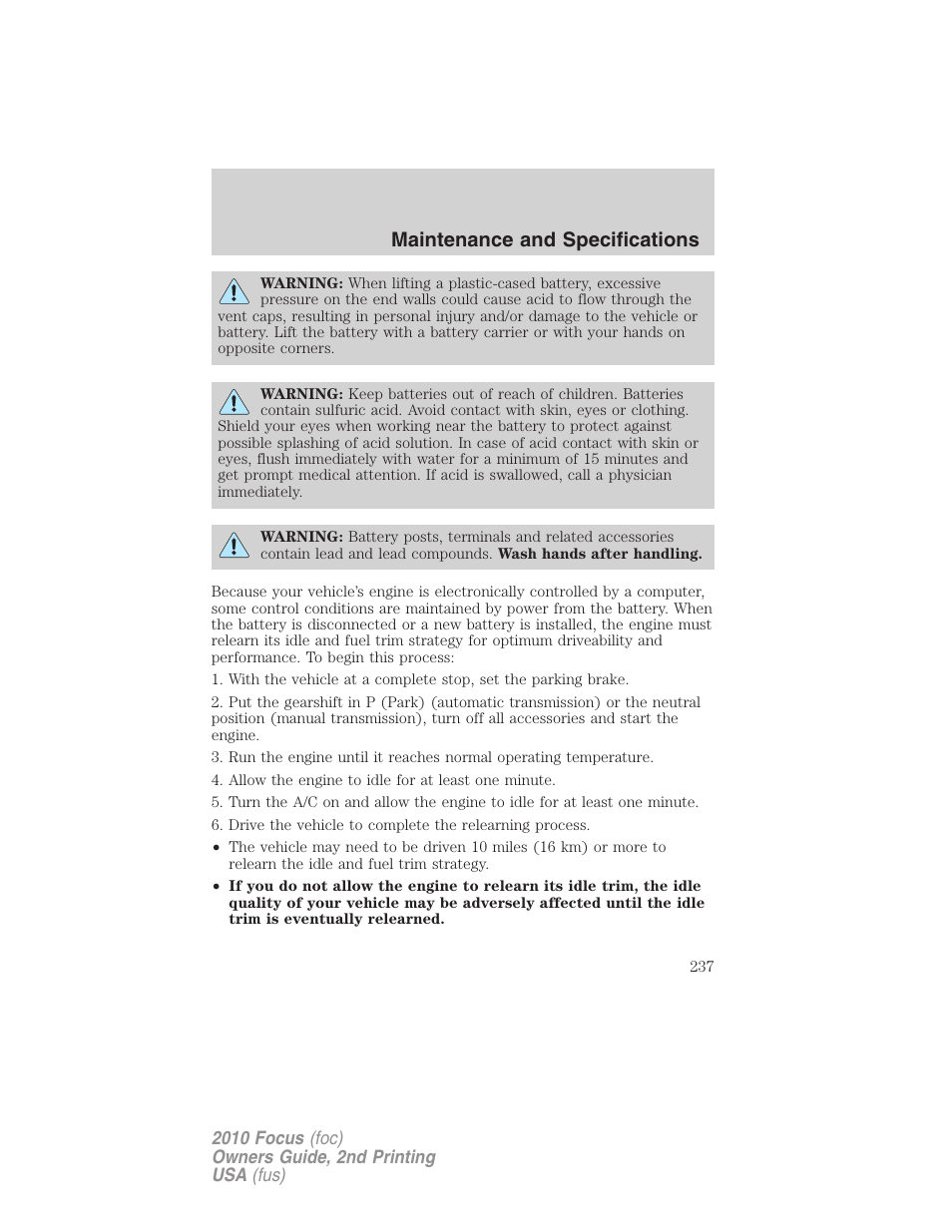 Maintenance and specifications | FORD 2010 Focus v.2 User Manual | Page 237 / 277