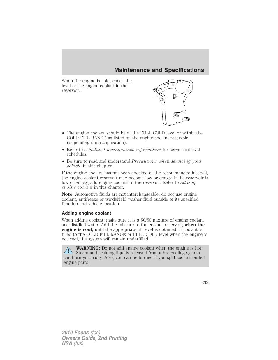 Adding engine coolant, Maintenance and specifications | FORD 2010 Focus v.2 User Manual | Page 239 / 277