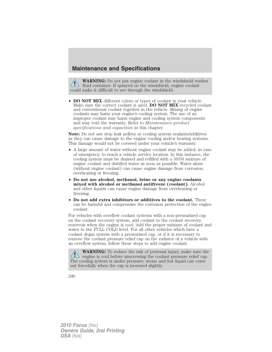 Maintenance and specifications | FORD 2010 Focus v.2 User Manual | Page 240 / 277