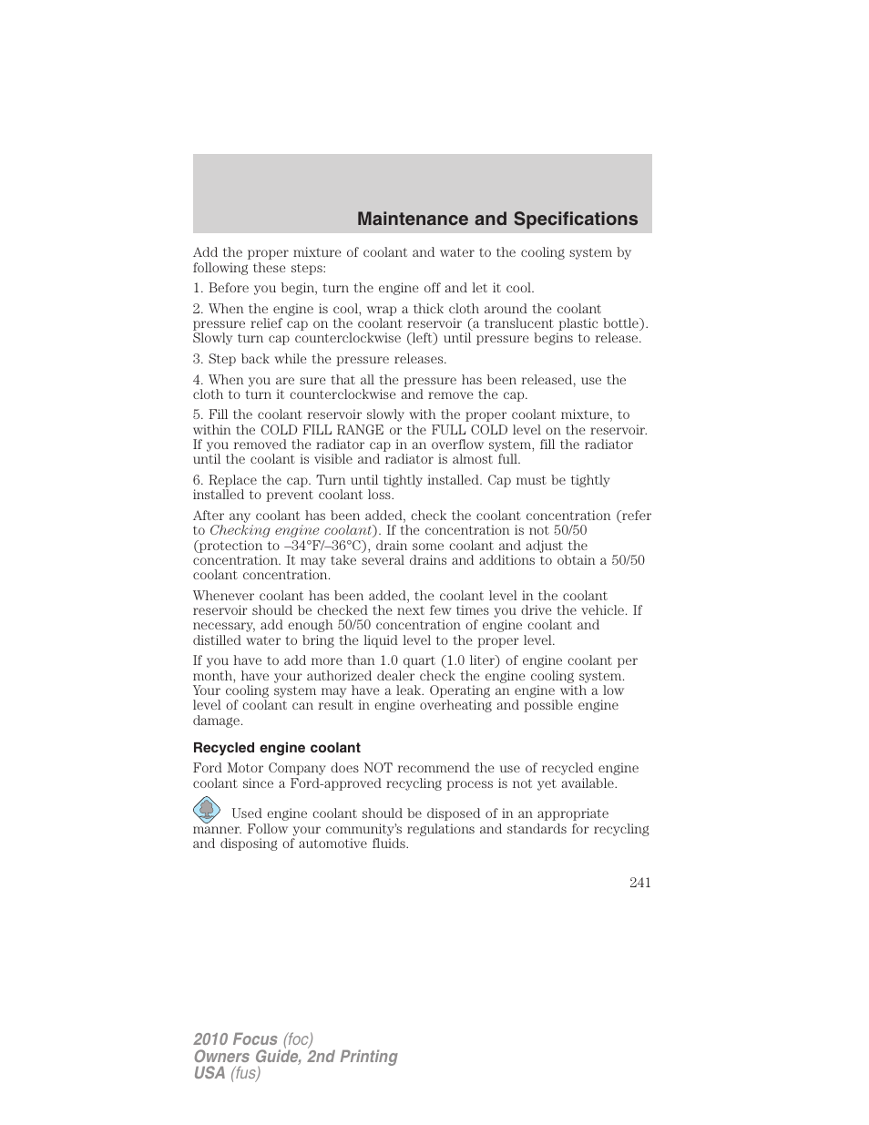 Recycled engine coolant, Maintenance and specifications | FORD 2010 Focus v.2 User Manual | Page 241 / 277