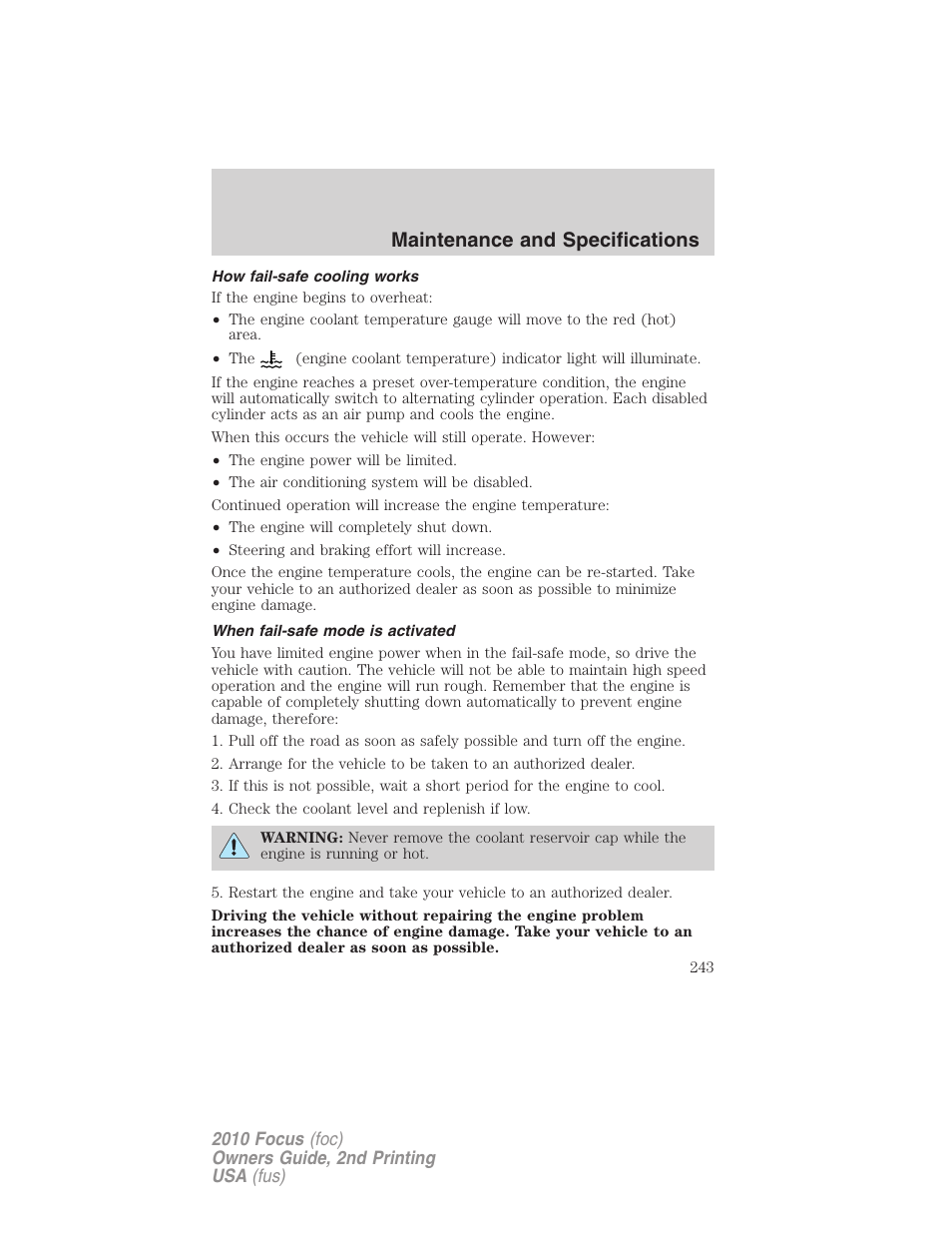 How fail-safe cooling works, When fail-safe mode is activated, Maintenance and specifications | FORD 2010 Focus v.2 User Manual | Page 243 / 277