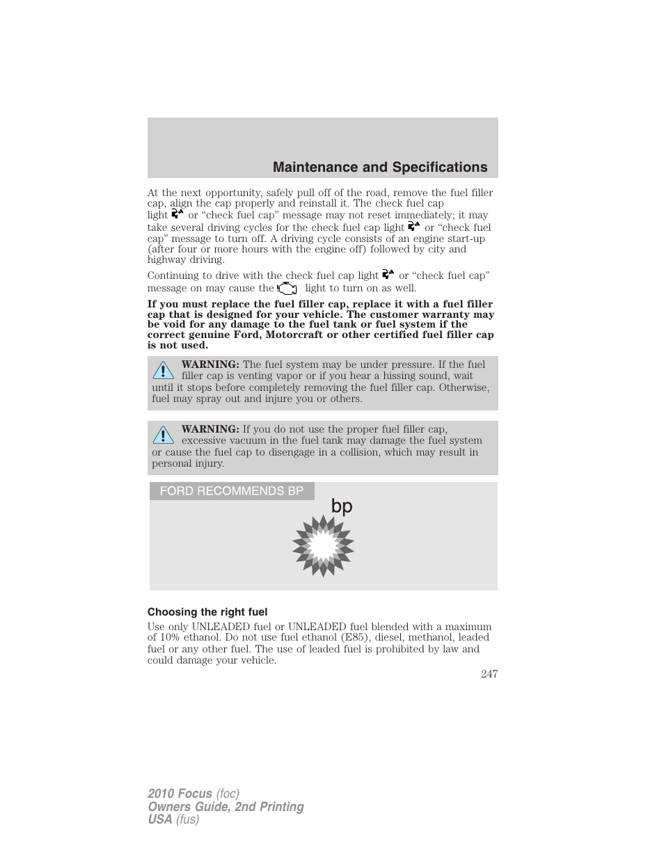 Choosing the right fuel, Maintenance and specifications | FORD 2010 Focus v.2 User Manual | Page 247 / 277
