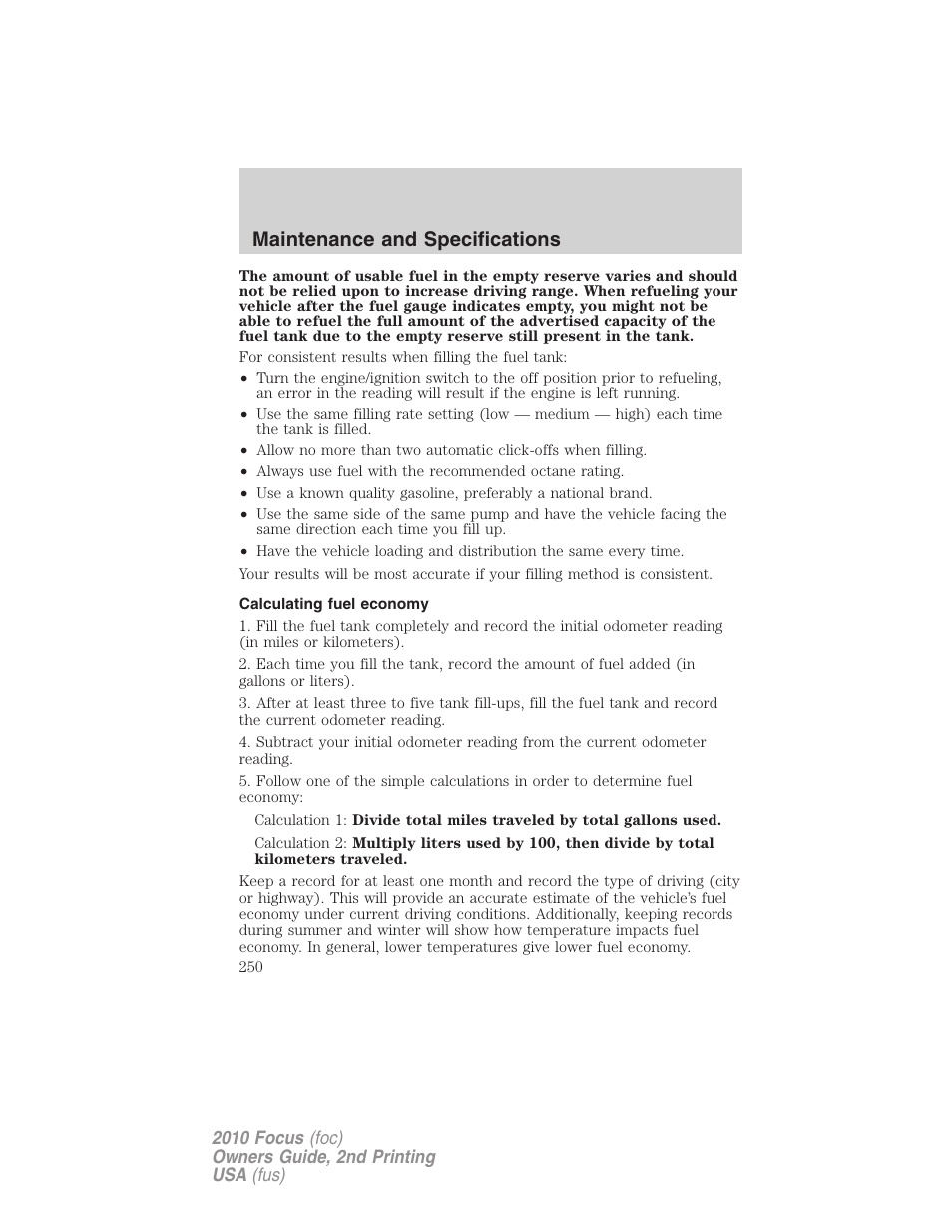 Calculating fuel economy, Maintenance and specifications | FORD 2010 Focus v.2 User Manual | Page 250 / 277