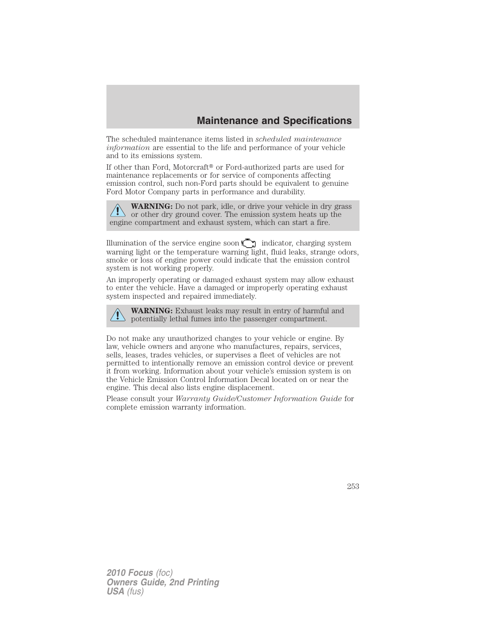 Maintenance and specifications | FORD 2010 Focus v.2 User Manual | Page 253 / 277
