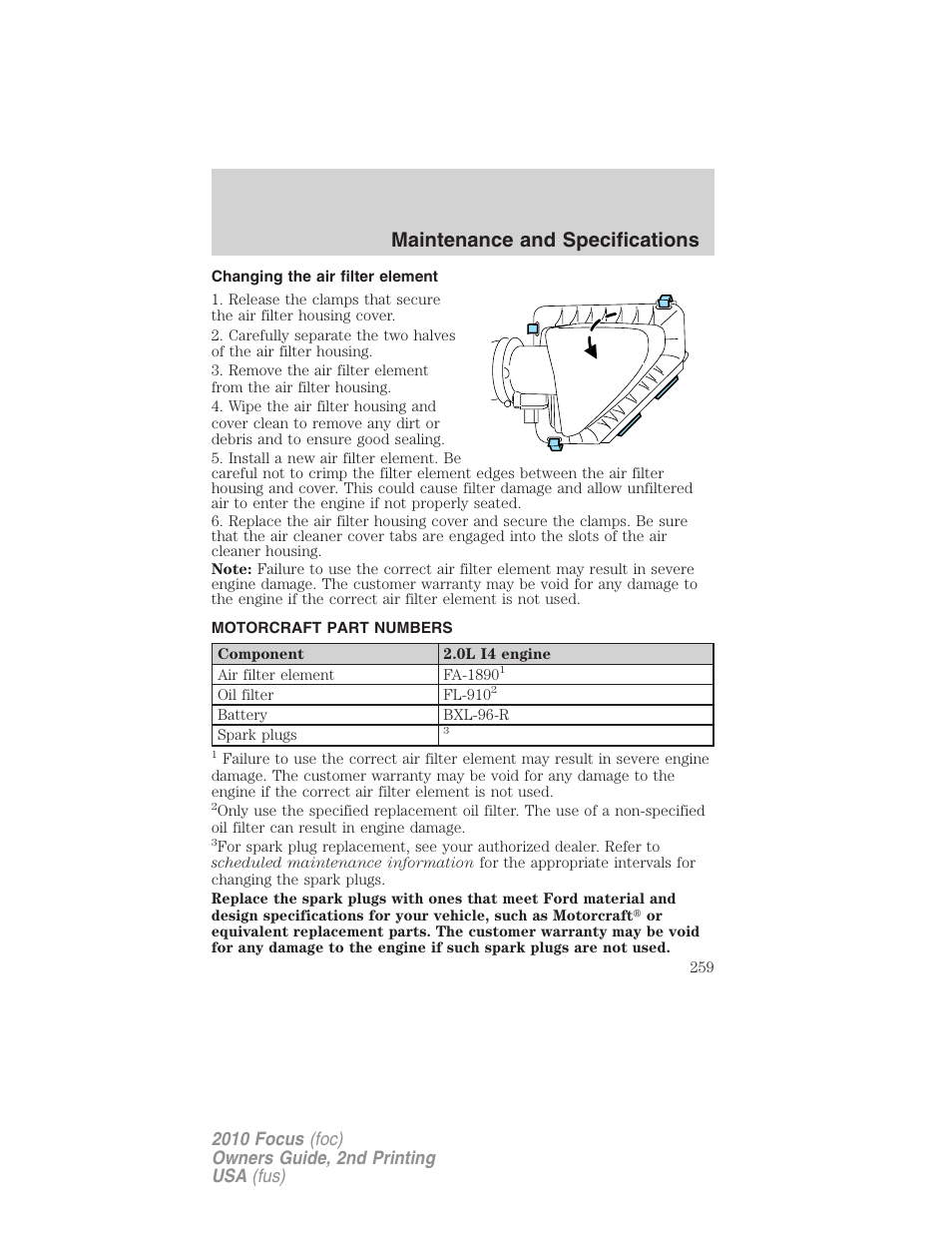 Changing the air filter element, Motorcraft part numbers, Part numbers | Maintenance and specifications | FORD 2010 Focus v.2 User Manual | Page 259 / 277