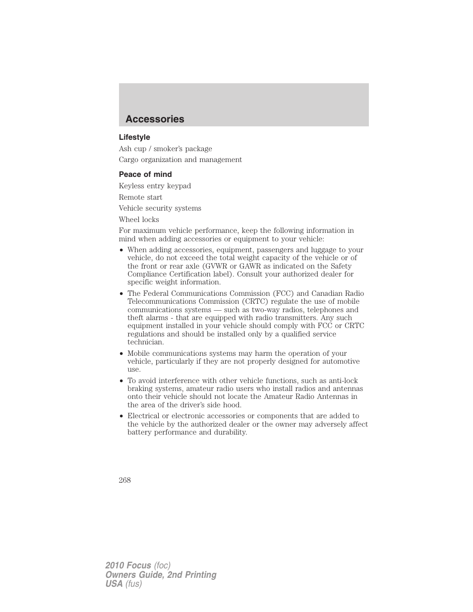 Lifestyle, Peace of mind, Accessories | FORD 2010 Focus v.2 User Manual | Page 268 / 277
