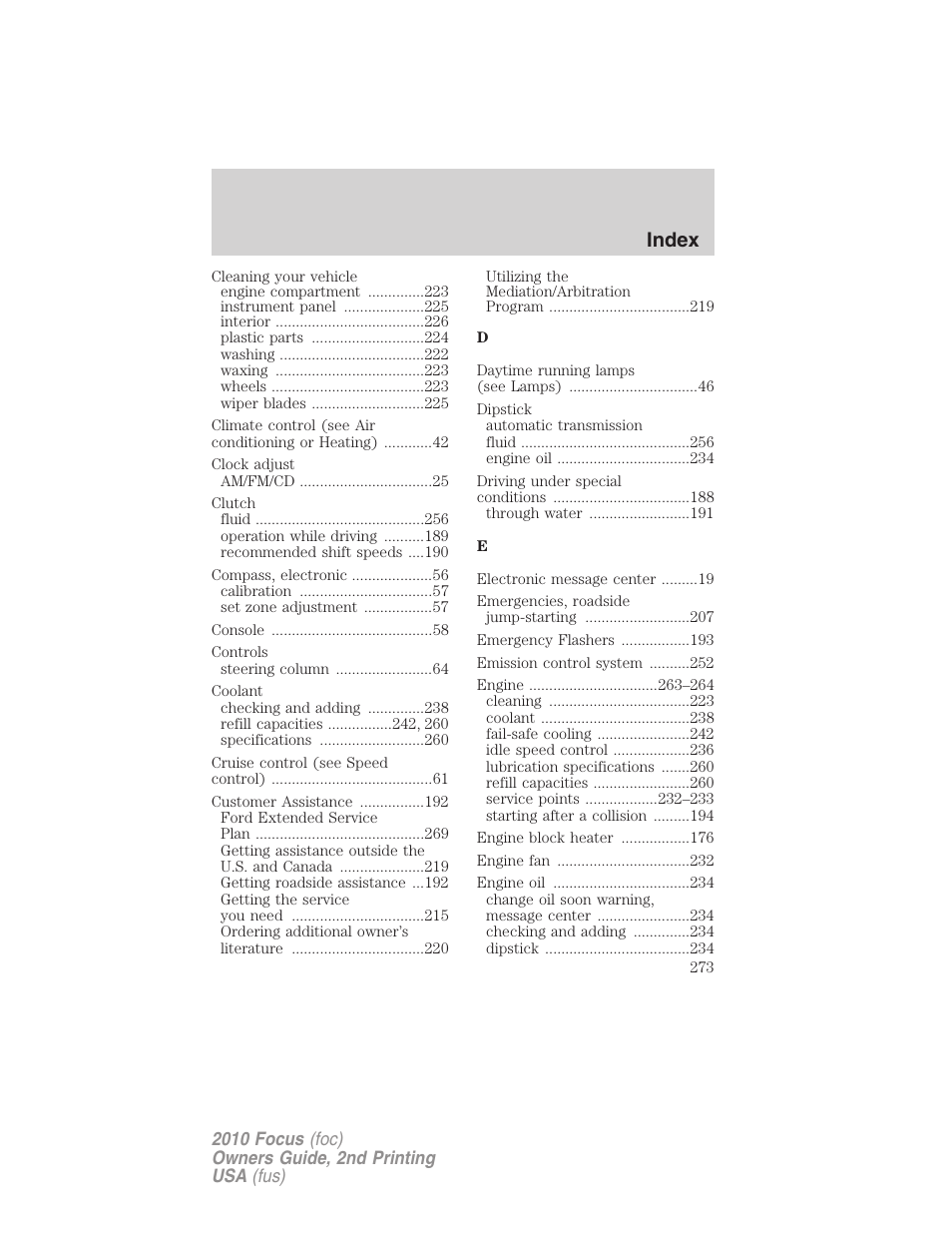 Index | FORD 2010 Focus v.2 User Manual | Page 273 / 277