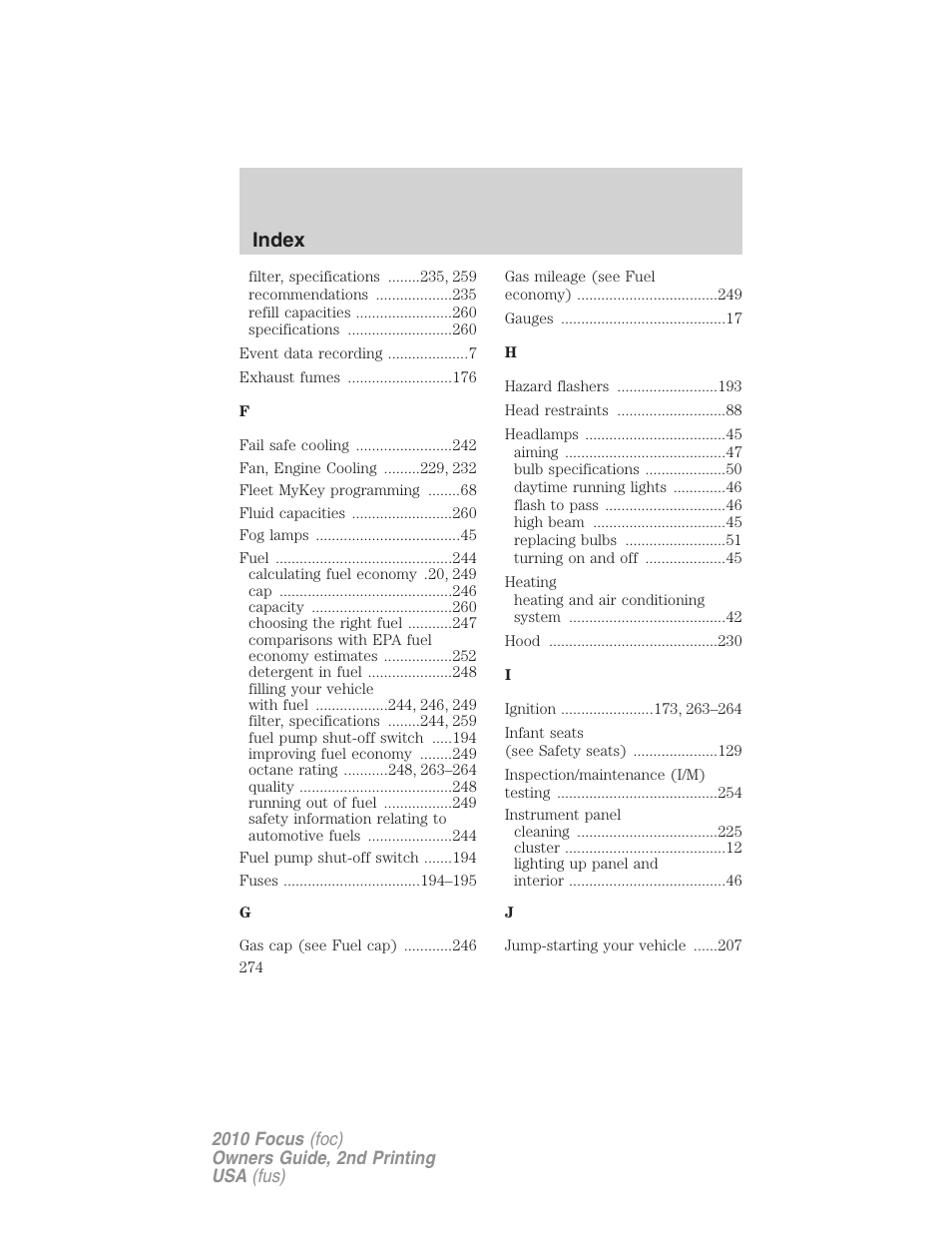 Index | FORD 2010 Focus v.2 User Manual | Page 274 / 277