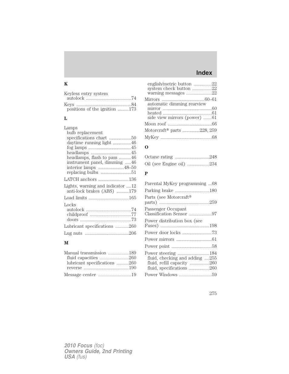 Index | FORD 2010 Focus v.2 User Manual | Page 275 / 277